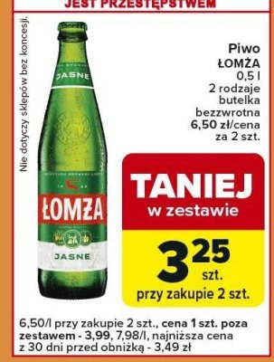 Piwo ŁOMŻA JASNE 0,5 l 2 rodzaje butelka bezwrotna promocja w Carrefour Express