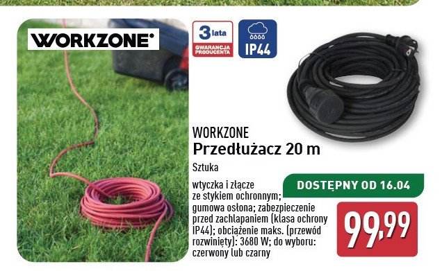 Przedłużacz ogrodowy 20 m WORKZONE promocja w Aldi