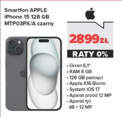 Smartfon iPhone 15 128 GB MTP03PX/A czarny promocja w NEONET