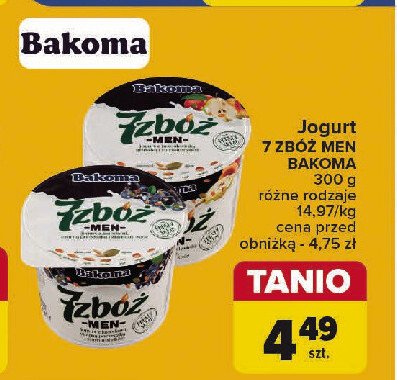 Jogurt jagoda-czarna porzeczka Bakoma 7 zbóż men promocja w Carrefour Market