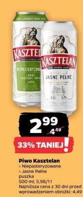 Piwo Kasztelan Niepasteryzowane  puszka promocja w Netto