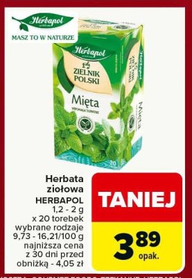 Herbata ziołowa HERBAPOL Mięta 1,2-2g x 20 torebek wybrane rodzaje promocja w Carrefour