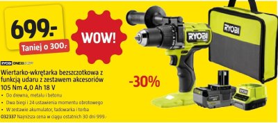 Wiertarko-wkrętarka bezszczotkowa z funkcją udaru z zestawem akcesoriów 105 Nm 4,0 Ah 18 V Ryobi promocja w Jula