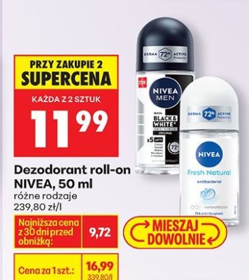 Dezodorant roll-on NIVEA, 50 ml różne rodzaje 239,80 zł/l promocja w Biedronka