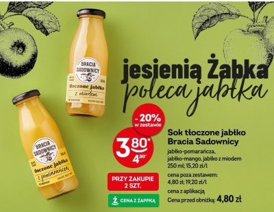 Sok tłoczone jabłko Bracia Sadownicy jabłko-pomarańcza, jabłko-mango, jabłko z miodem promocja w Żabka