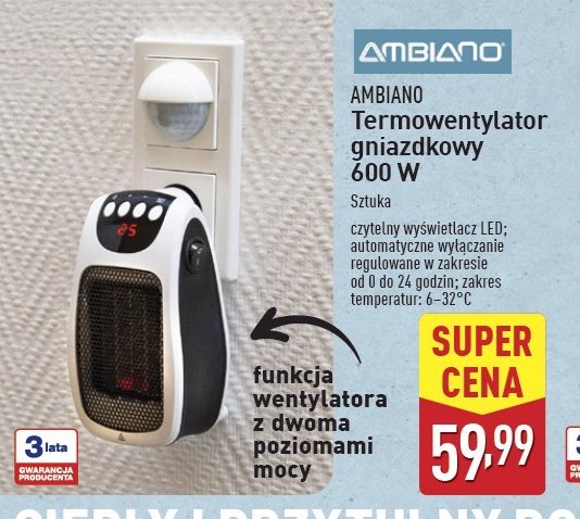 Termowentylator gniazdkowy 600 w AMBIANO promocja w Aldi