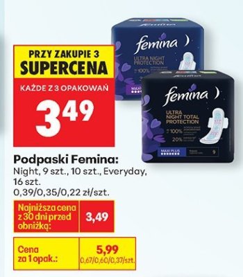 Podpaski Femina: Night, 9 szt., 10 szt., Everyday, 16 szt. promocja w Biedronka