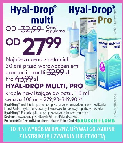 Krople do nawilżania oczu oraz soczewek kontaktowych Hyal-drop multi promocja w Super-Pharm