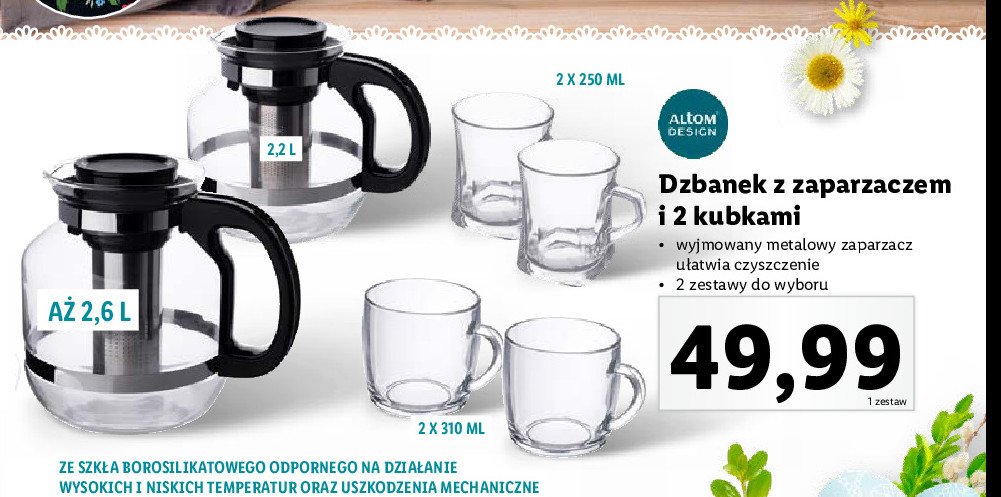 Dzbanek z zaparzaczem 2.6 l + 2 kubki Altom design promocja
