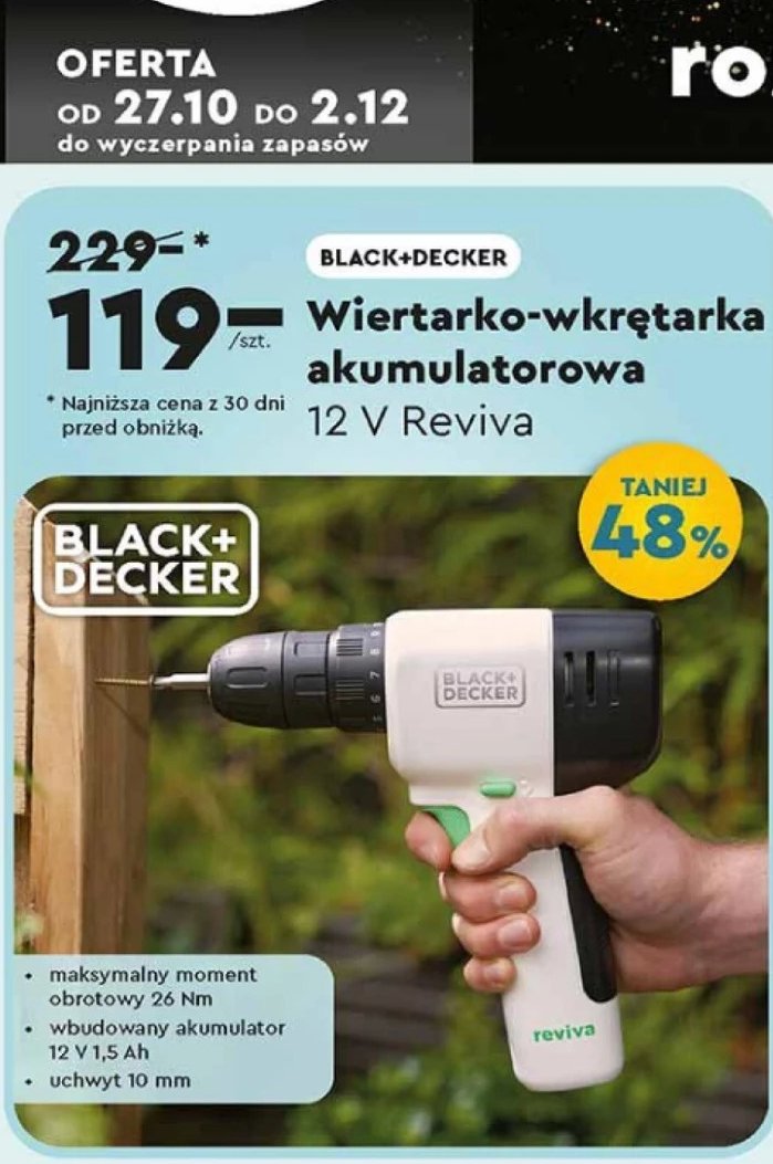 Wiertarko-wkrętarka 12v reviva Black & decker promocja w Biedronka