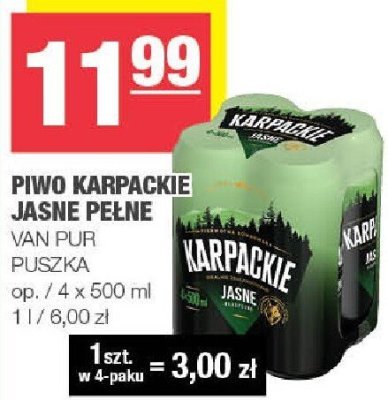 Piwo Karpackie jasne pełne Van Pur puszka promocja w SPAR