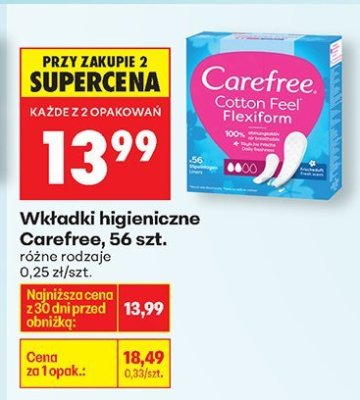 Wkładki higieniczne Carefree, 56 szt. promocja w Biedronka