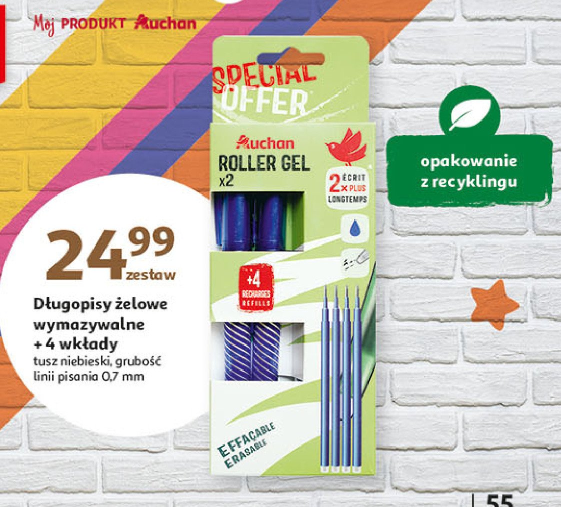 Długopisy wymazywalne niebieskie + 4 wkłady Auchan promocja