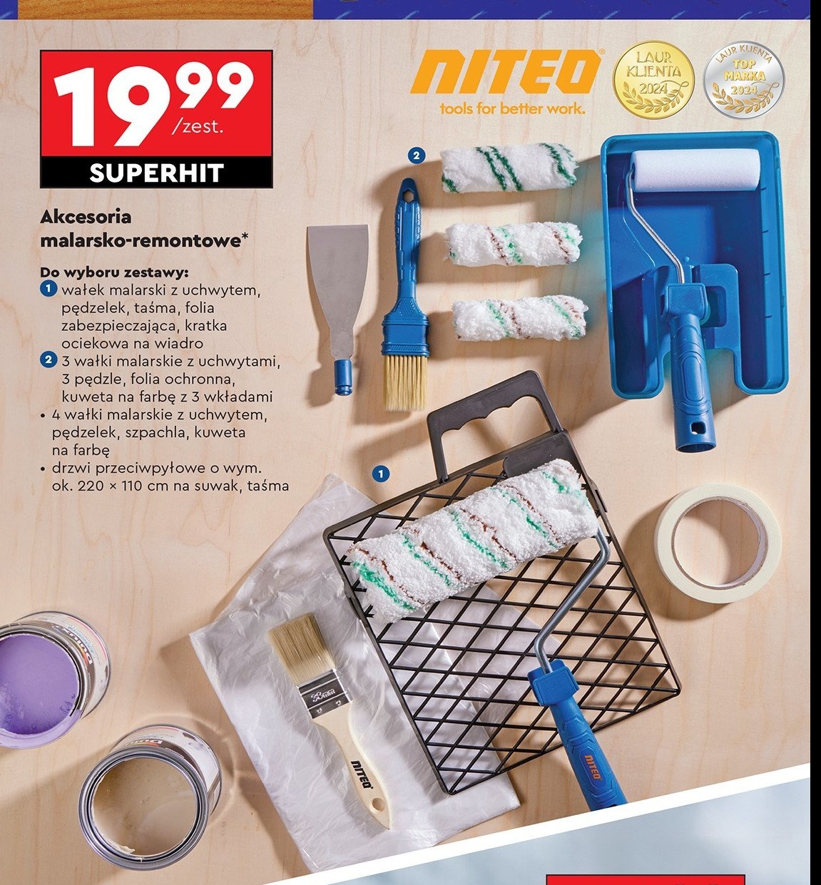 Zestaw wałek malarski z uchwytem + pędzelek + taśma + folia + kratka Niteo tools promocja w Biedronka