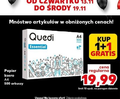 Papier ksero Quedi Essential A4 500 arkuszy 1+1 gratis promocja w Kaufland