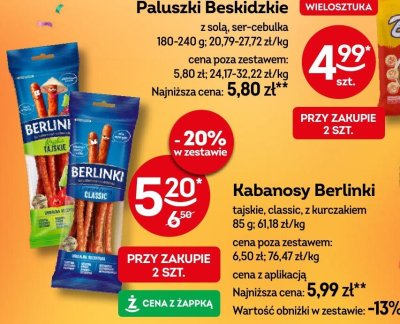 Kabanosy Berlinki tajskie, classic, z kurczakiem promocja w Żabka