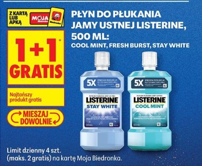 Płyn do płukania jamy ustnej Listerine, 500 ml: Cool Mint, Fresh Burst, Stay White promocja w Biedronka
