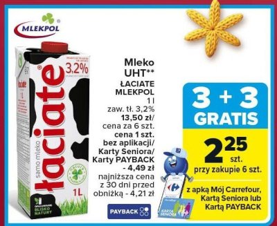 Mleko UHT ŁACIATE MLEKPOL zawartość tłuszczu 3,2% 1l promocja w Carrefour