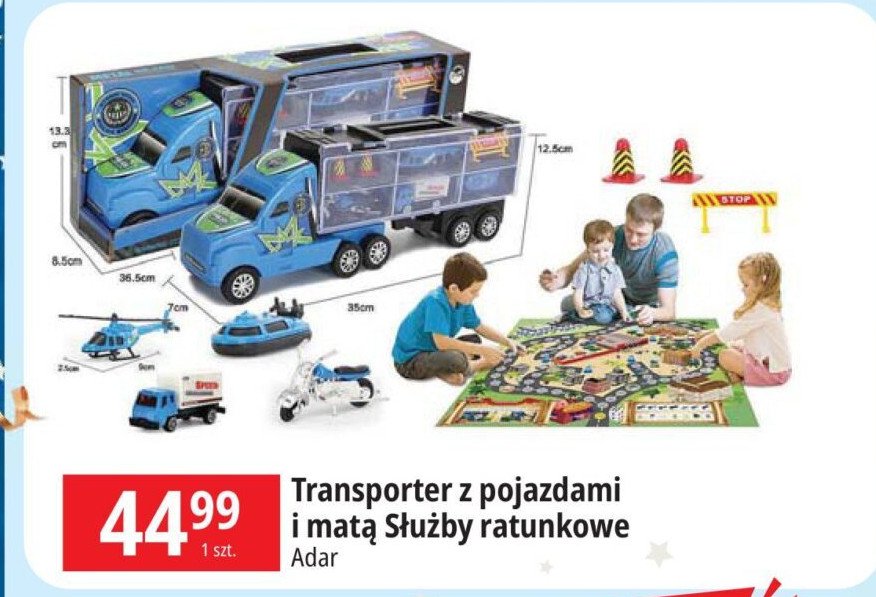 Transporter z pojazdami i matą służby ratunkowe Adar promocja w Leclerc