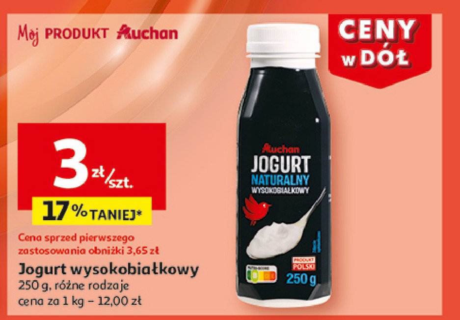 Jogurt naturalny wysokobiałkowy Auchan różnorodne (logo czerwone) promocja