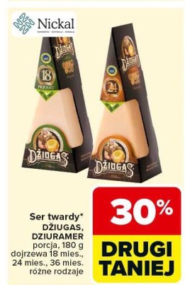Ser twardy DZIUGAS, DZIURAMI porcja, 180 g dojrzewający 18 mies., 24 mies., 36 mies. różne rodzaje promocja w Carrefour