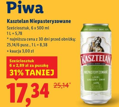 Piwo Kasztelan Niepasteryzowane 6-pak promocja w Lidl