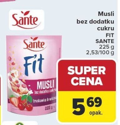 Musli bez dodatku cukru FIT SANTE truskawka i wiśnia 225 g promocja w Carrefour