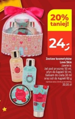 Zestaw kosmetyków Love Skin (żel pod prysznic 50 ml, płyn do kąpieli 50 ml, balsam do ciała 30 ml oraz sól do kąpieli 60 g) promocja w Dealz