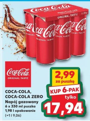Napój gazowany COCA-COLA, COCA-COLA ZERO 6 x 330 ml puszka promocja w Kaufland
