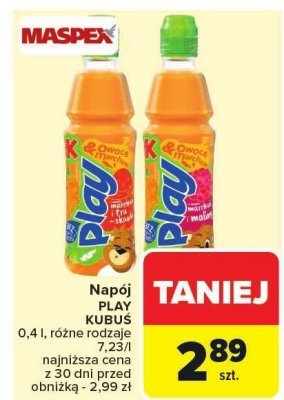 Napój PLAY KUBUŚ 0,4 l różne rodzaje promocja w Carrefour Market