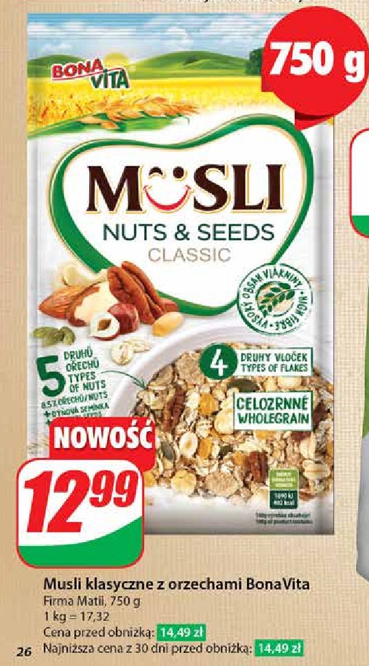 Musli klasyczne z orzechami BONAVITA promocja w Dino