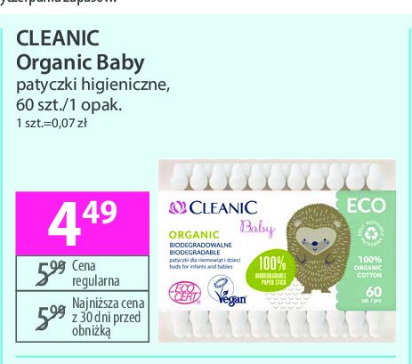 Patyczki higieniczne organic Cleanic baby promocja