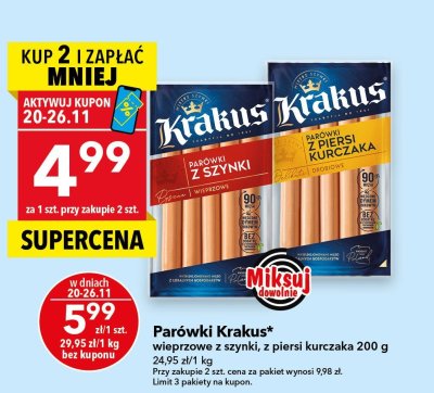 Parówki Krakus wieprzowe z szynki, z piersi kurczaka 200 g promocja w LEWIATAN