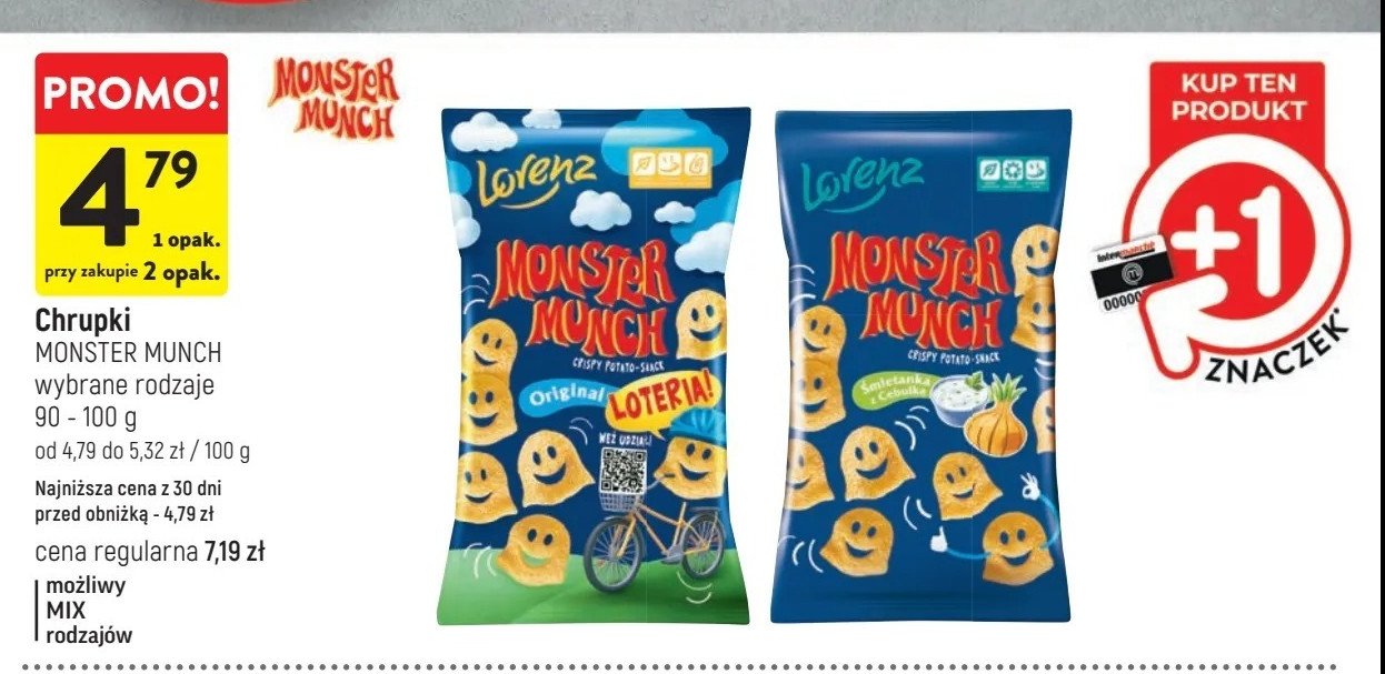 Chrupki śmietanka z cebulką Lorenz monster munch promocja w Intermarche