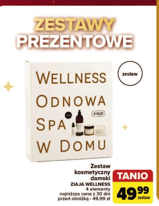 Zestaw:  nawilżający krem do ciała 300 ml + peeling do ciała 300 ml + żel pod prysznic 500 ml + lekki krem do twarzy 50 ml ZIAJA WELLNESS BALTIC HOME SPA promocja w Carrefour Market