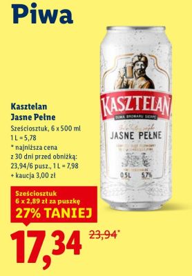 Piwo Kasztelan Jasne Pełne 6x500 ml promocja w Lidl