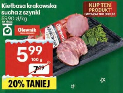 Kiełbasa krakowska sucha z szynki promocja w Delikatesy Centrum