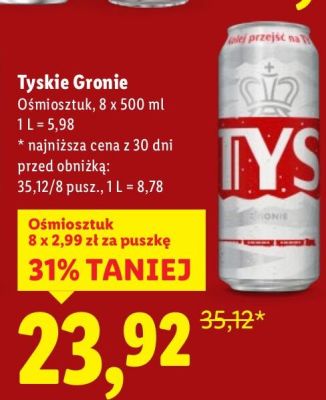 Piwo Tyskie Gronie 8 x 500 ml promocja w Lidl