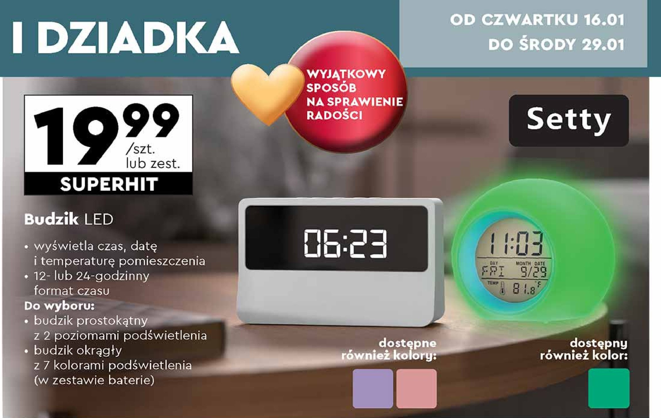 Budzik led okrągły Setty promocja w Biedronka