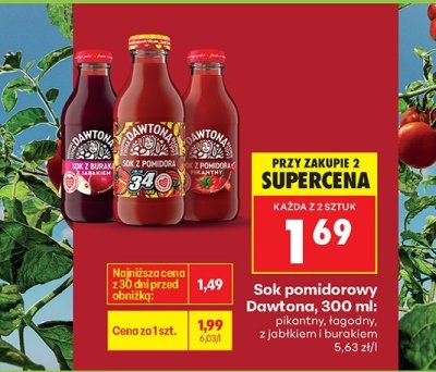 Sok pomidorowy Dawtona, 300 ml: pikantny, łagodny, z jabłkiem i burakiem promocja w Biedronka