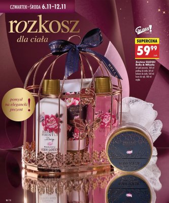 Zestaw kosmetyków GLOSSI Belle & Whistle żel pod prysznic 160 ml, peeling do ciała 60 ml, balsam do ciała 160 ml, krem do rąk 100 ml, myjka promocja w Biedronka