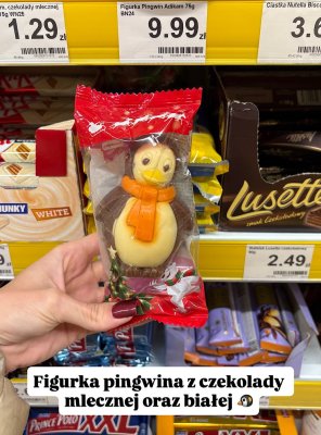 Figurka pingwin z czekolady mlecznej i białej promocja w Dino