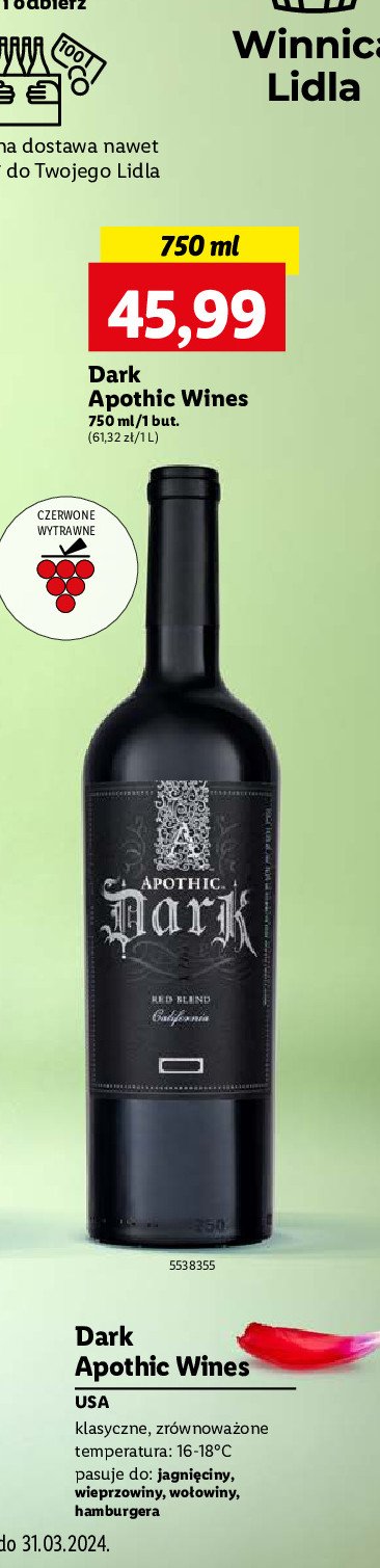 Wino Apothic dark dry promocja w Lidl