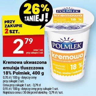 Kremowa ukwaszona emulsja tłuszczowa 18% Polmlek, 400 g promocja w Twój Market