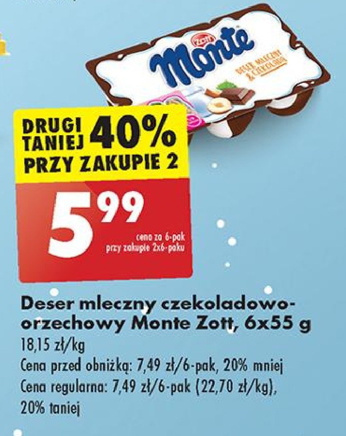 Deser mleczno-czekoladowy z orzechami Zott monte promocja w Biedronka