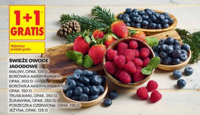 Świeże owoce jagodowe: maliny, borówka amerykańska, truskawki, żurawina, porzeczka czerwona, jeżyna 1+1 gratis promocja w Biedronka