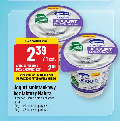 Jogurt śmietankowy bez laktozy Maluta promocja