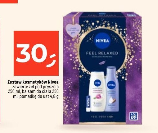 Zestaw w pudełku feel relaxed: żel pod prysznic 250 ml + balsam do ciała 250 ml + pomadka do ust 4.8 g Nivea zestaw promocja w Dealz