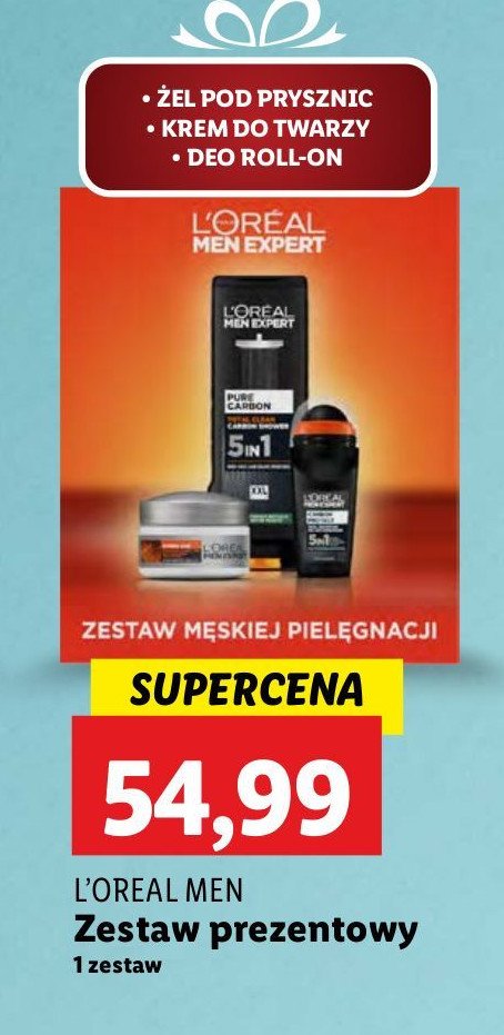 Zestaw w pudełku pure carbon: żel pod prysznic + krem do twarzy + dezodorant w kulce L'oreal men expert zestaw promocja w Lidl