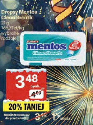 Dropsy Mentos Clean Breath 30g wybrane rodzaje promocja w Delikatesy Centrum